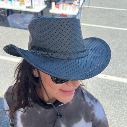 Crushable Genuine Perforated Leather Black Cowboy Hat