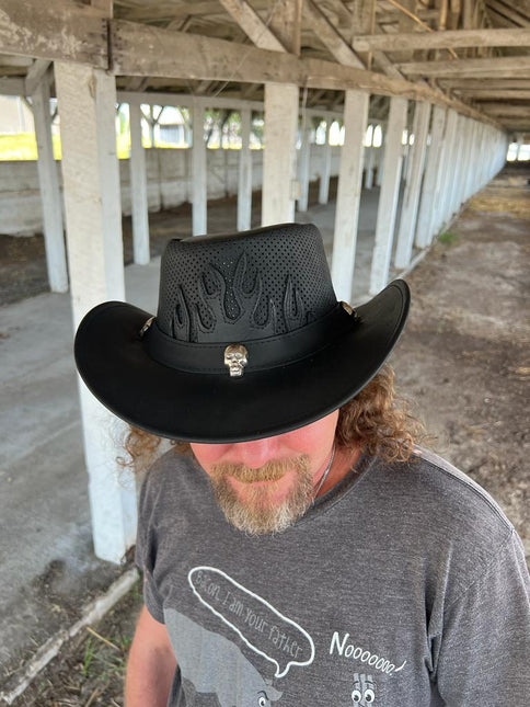 Fire Patch Perforated Leather Western Hat With Skull Band