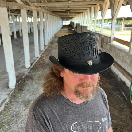Fire Patch Perforated Leather biker Top Hat With Skull Band