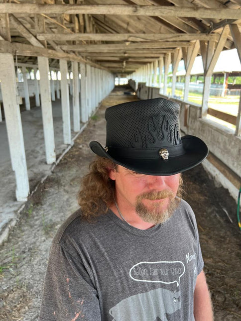 Fire Patch Perforated Leather biker Top Hat With Skull Band