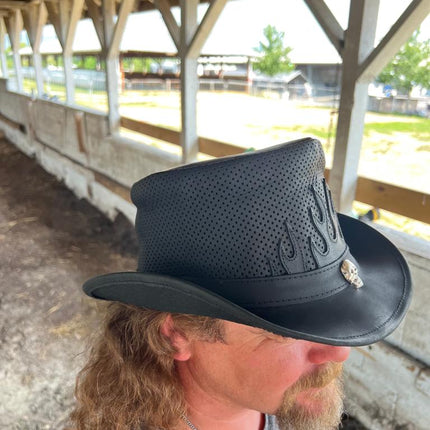 Fire Patch Perforated Leather biker Top Hat With Skull Band