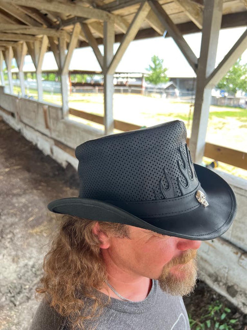 Fire Patch Perforated Leather biker Top Hat With Skull Band