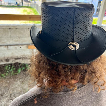 Fire Patch Perforated Leather biker Top Hat With Skull Band