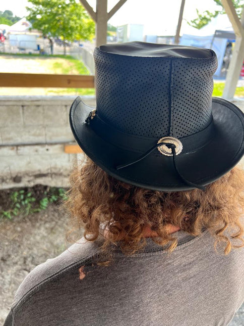 Fire Patch Perforated Leather biker Top Hat With Skull Band