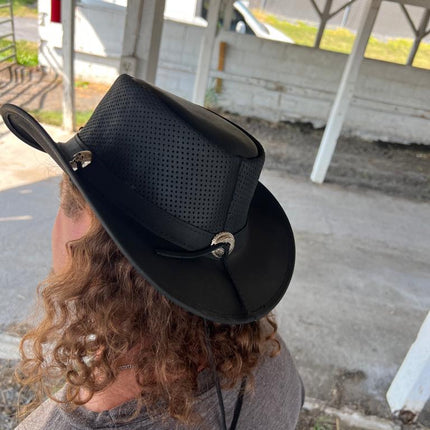 Fire Patch Perforated Leather Western Hat With Skull Band