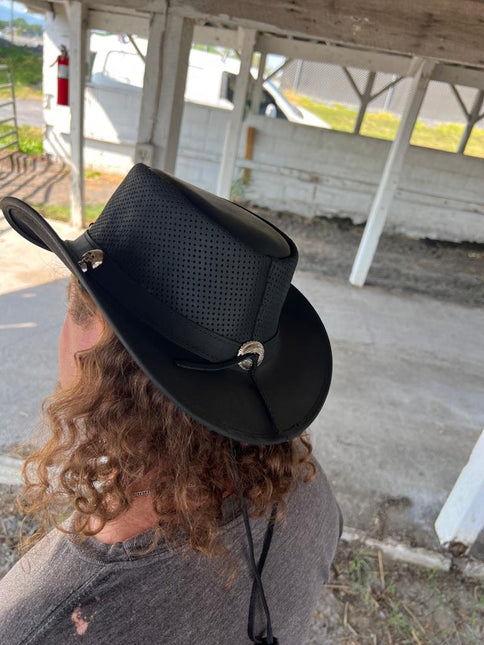Fire Patch Perforated Leather Western Hat With Skull Band