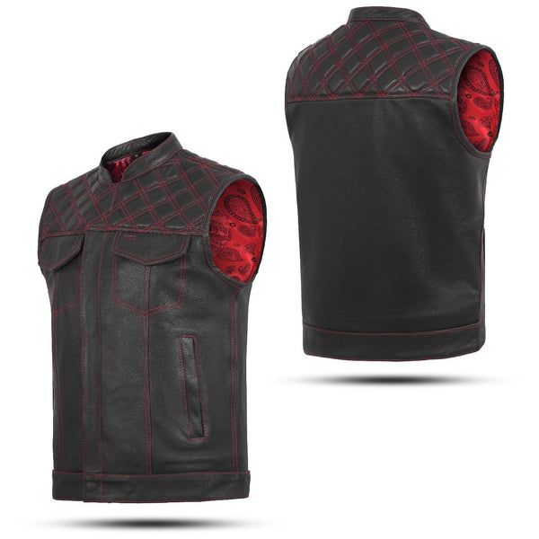 Red Leather Diamond Stitch Motorcycle Vest