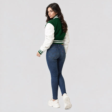 Women's Green Wool Body and White Leather Sleeves Cropped Letterman Jacket