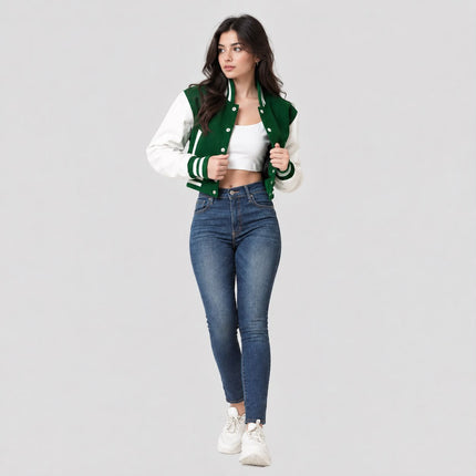 Women's Green Wool Body and White Leather Sleeves Cropped Letterman Jacket