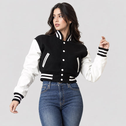 Women's Black Wool Body and White Leather Sleeves Cropped Letterman Jacket