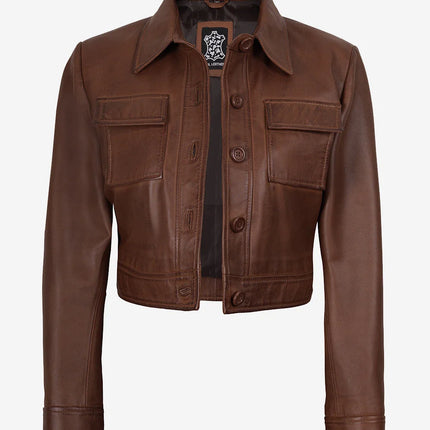 Women's Cognac Cropped Leather Trucker Jacket