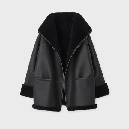 Women's Black Oversized Sheepskin Leather Jacket w/ Shearling Lining