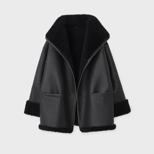 Women's Black Oversized Sheepskin Leather Jacket w/ Shearling Lining