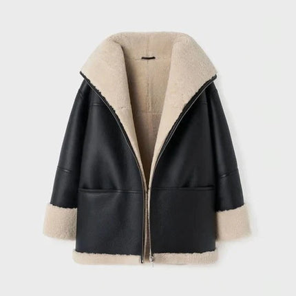 Women's Black Oversized Sheepskin Leather Jacket w/ Shearling Lining