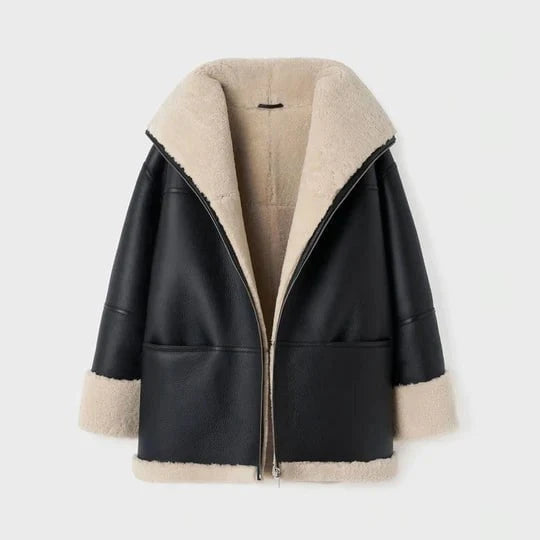 Women's Black Oversized Sheepskin Leather Jacket w/ Shearling Lining