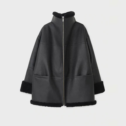 Women's Black Oversized Sheepskin Leather Jacket w/ Shearling Lining
