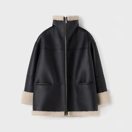 Women's Black Oversized Sheepskin Leather Jacket w/ Shearling Lining