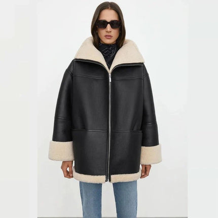 Women's Black Oversized Sheepskin Leather Jacket w/ Shearling Lining