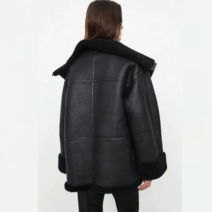Women's Black Oversized Sheepskin Leather Jacket w/ Shearling Lining