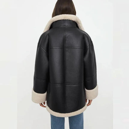 Women's Black Oversized Sheepskin Leather Jacket w/ Shearling Lining