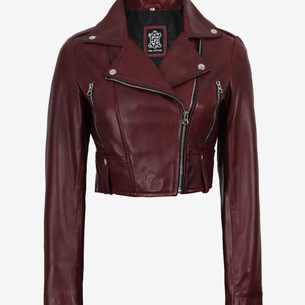 Women's Moto Style Burgundy Cropped Leather Jacket
