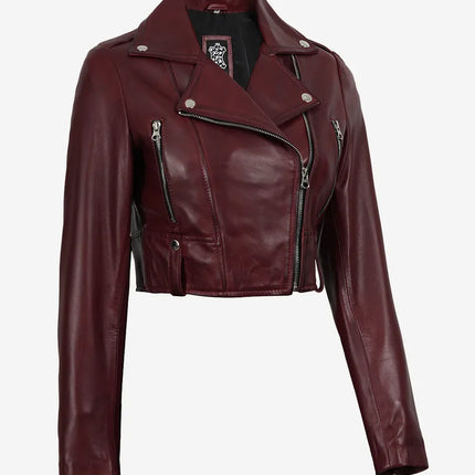 Women's Moto Style Burgundy Cropped Leather Jacket