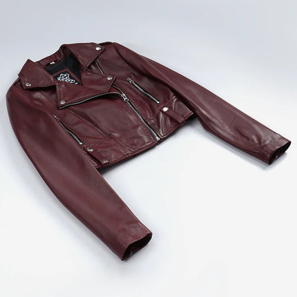 Women's Moto Style Burgundy Cropped Leather Jacket