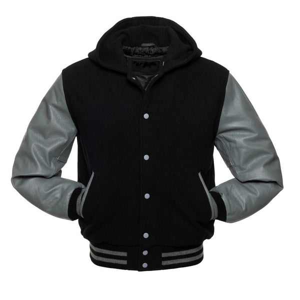 Black Hoodie Varsity Jacket With Grey Leather Sleeves