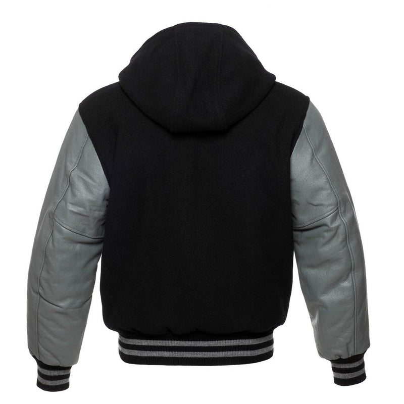 Black Hoodie Varsity Jacket With Grey Leather Sleeves