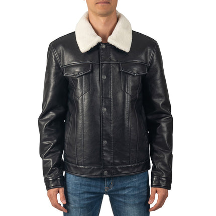 Men's Black Leather Trucker Jacket with Shearling Collar