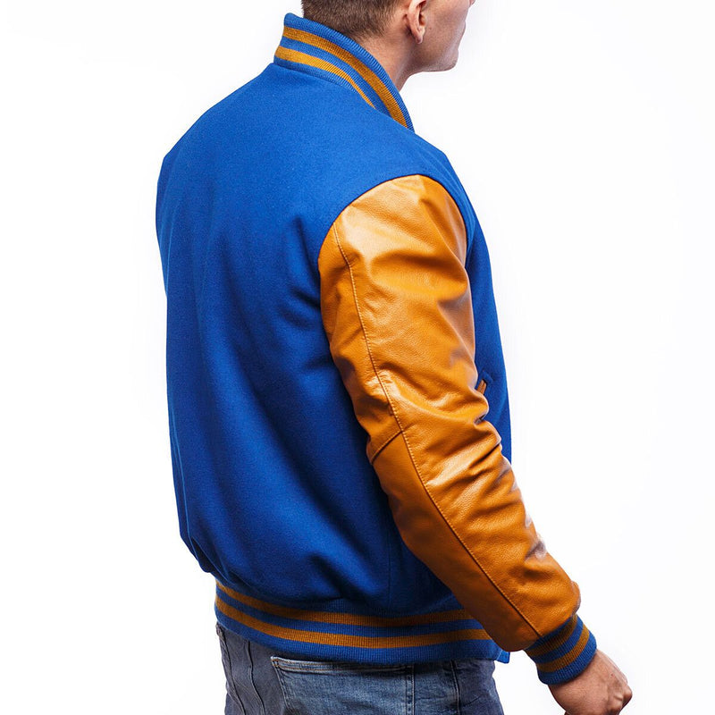 Blue Gold Leather Sleeves Varsity Jacket MARA Leather