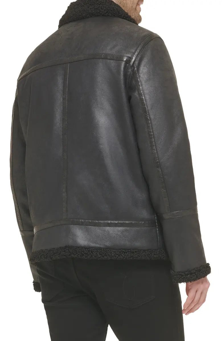 Men's Flight Aviator Leather Black Shearling Jacket