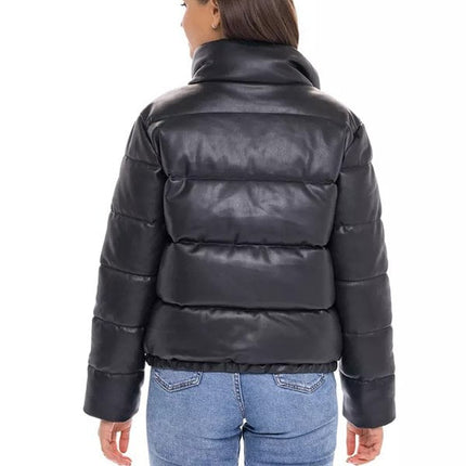 Women's Black Leather Puffer Downs Jacket