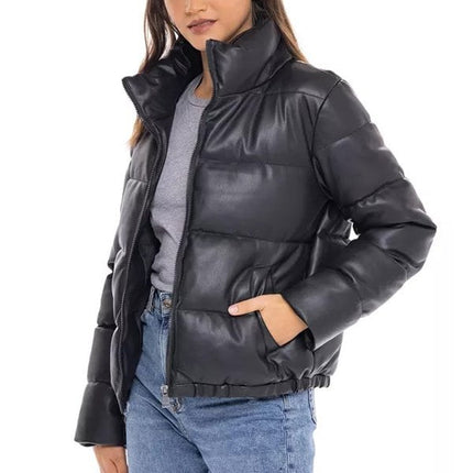 Women's Black Leather Puffer Downs Jacket