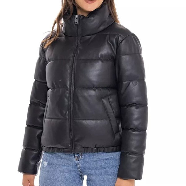 Women's Black Leather Puffer Downs Jacket