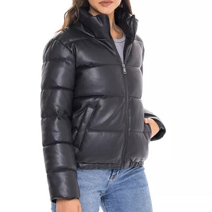 Women's Black Leather Puffer Downs Jacket