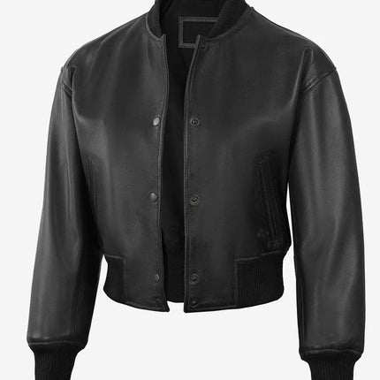 Women's Black Varsity Cropped Leather Bomber Jacket