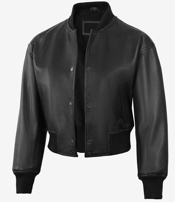 Women's Black Varsity Cropped Leather Bomber Jacket