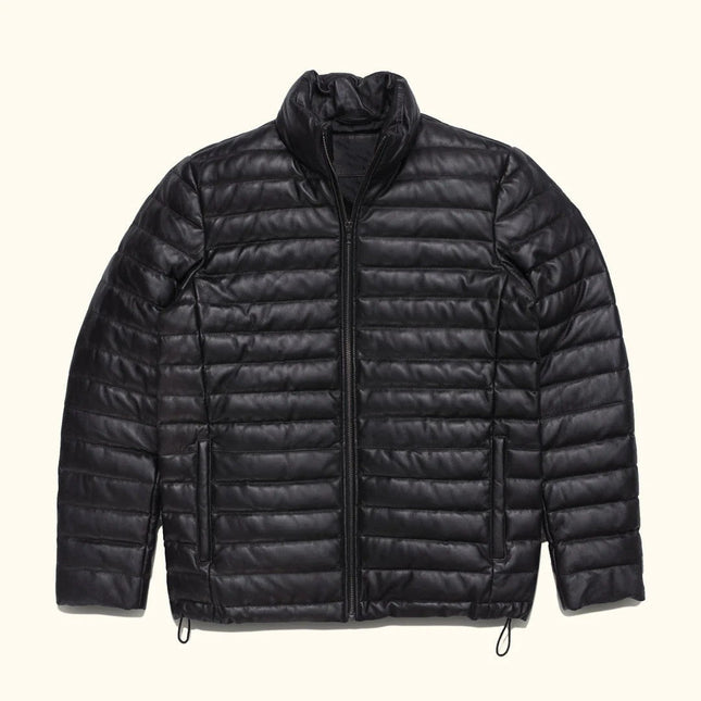 Men's Black Leather Quilted Down Puffer Leather Jacket
