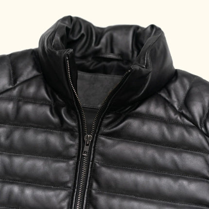 Men's Black Leather Quilted Down Puffer Leather Jacket