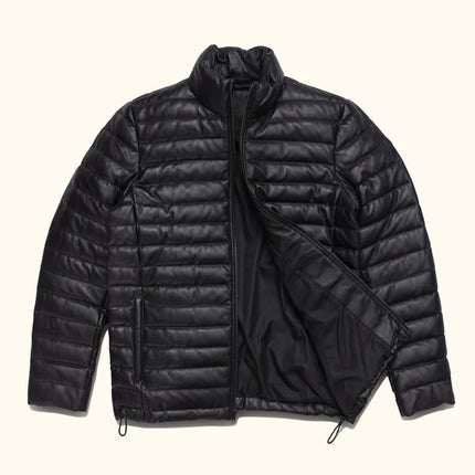 Men's Black Leather Quilted Down Puffer Leather Jacket