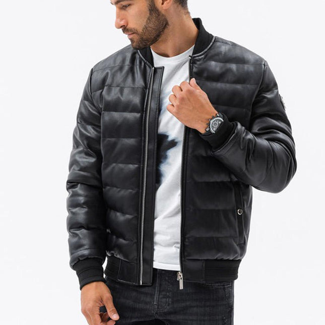 Mens Black Leather Puffer Jacket w/ Knitted Collar - MARA Leather