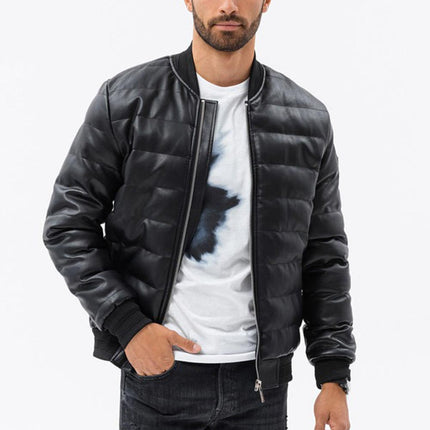 Mens Black Leather Puffer Jacket w/ Knitted Collar