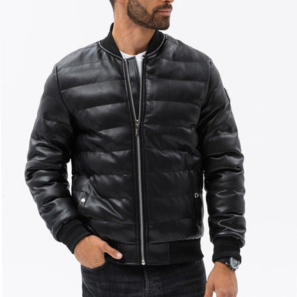 Mens Black Leather Puffer Jacket w/ Knitted Collar