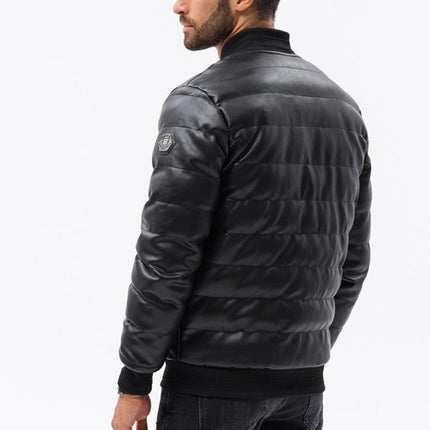 Mens Black Leather Puffer Jacket w/ Knitted Collar