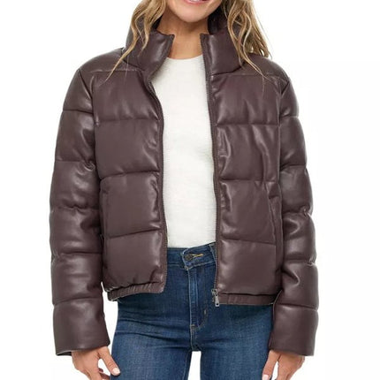 Women's Brown Leather Puffer Downs Jacket