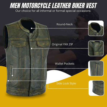 Men's Club Style Distressed Brown SOA Leather Vest