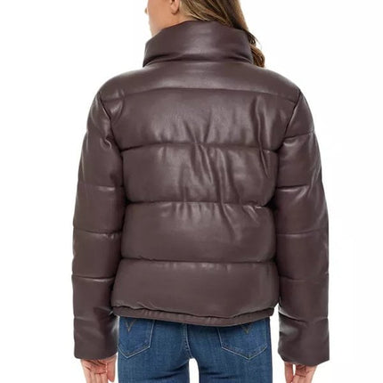 Women's Brown Leather Puffer Downs Jacket