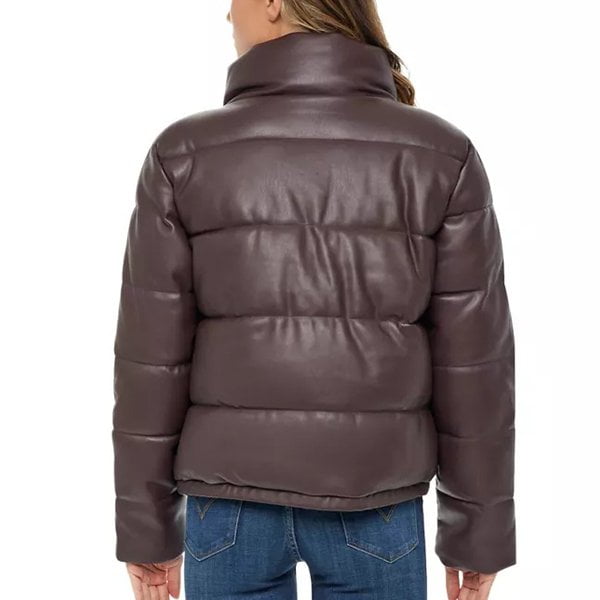 Women's Brown Leather Puffer Downs Jacket