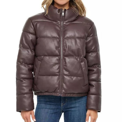 Women's Brown Leather Puffer Downs Jacket
